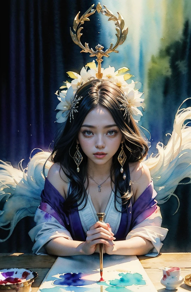 (Tabletop, Highest qualityの, Highest quality, Official Art, (beautifully、aesthetic:1.4), (Watercolor:1.4) ), (Izanami 1.5), 日本のgod話の女god, Majestic beauty, 創造の女god、生命の女god、Typically、((((Typically))))、Reincarnation Support, god'Grace, Gentle and meditative expressions, Flowing, celestial garments, Shine、Created all the landscapes and worlds on Earth, A dazzling dance of light, Whispers of Ancient Legends,