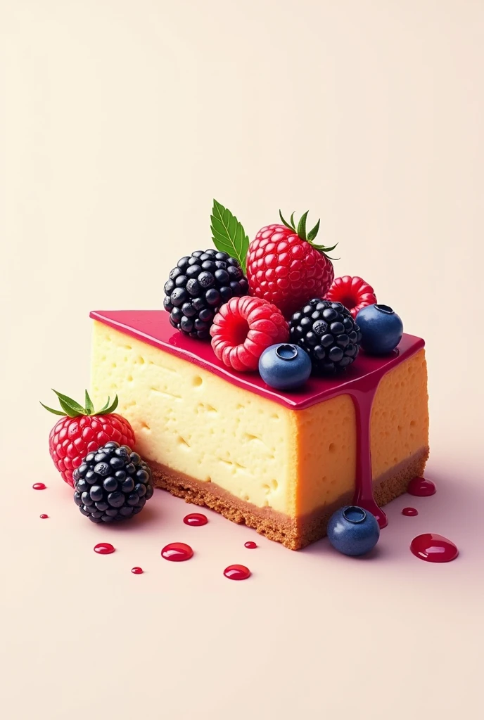 Cheesecake pastry logo with blackberries, blueberries and raspberries, one slice with decoration 