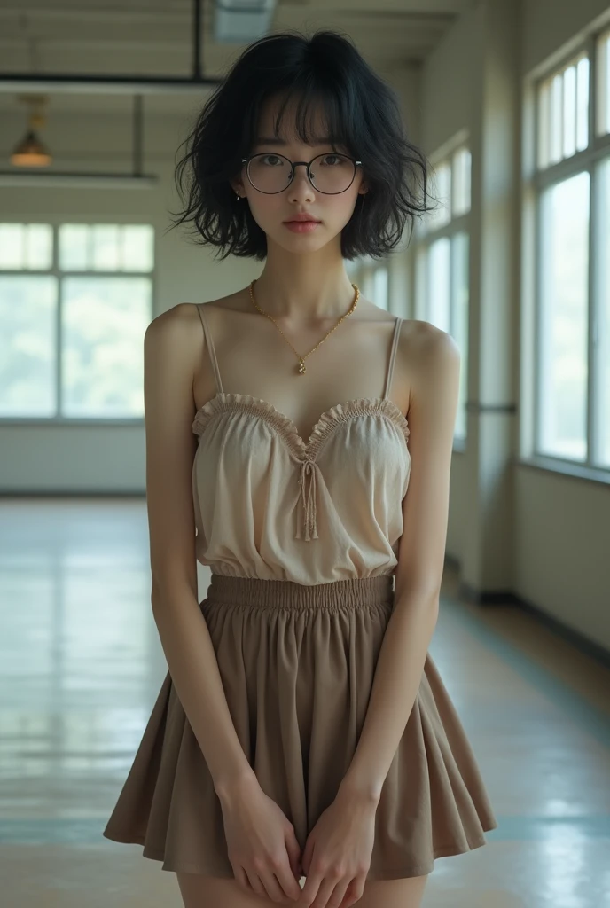 alone, (Very cute 2 beautiful Japanese woman), ((Delicate hair, black)), ((Short hair with messy side waves)), hazy consciousness、(((Slim and slender figure))), Large Breasts, (((A frilly top and a flared skirt)))、Glasses, (((Clean your hands))),(Curly Hair)、Delicate legs,、(( Highest quality: 1.3)), Highly detailed face, Highly detailed lips, Beautiful Eyes, Glasses, Standing with arms down in a busy gym, Completely naked、Full Body Shot