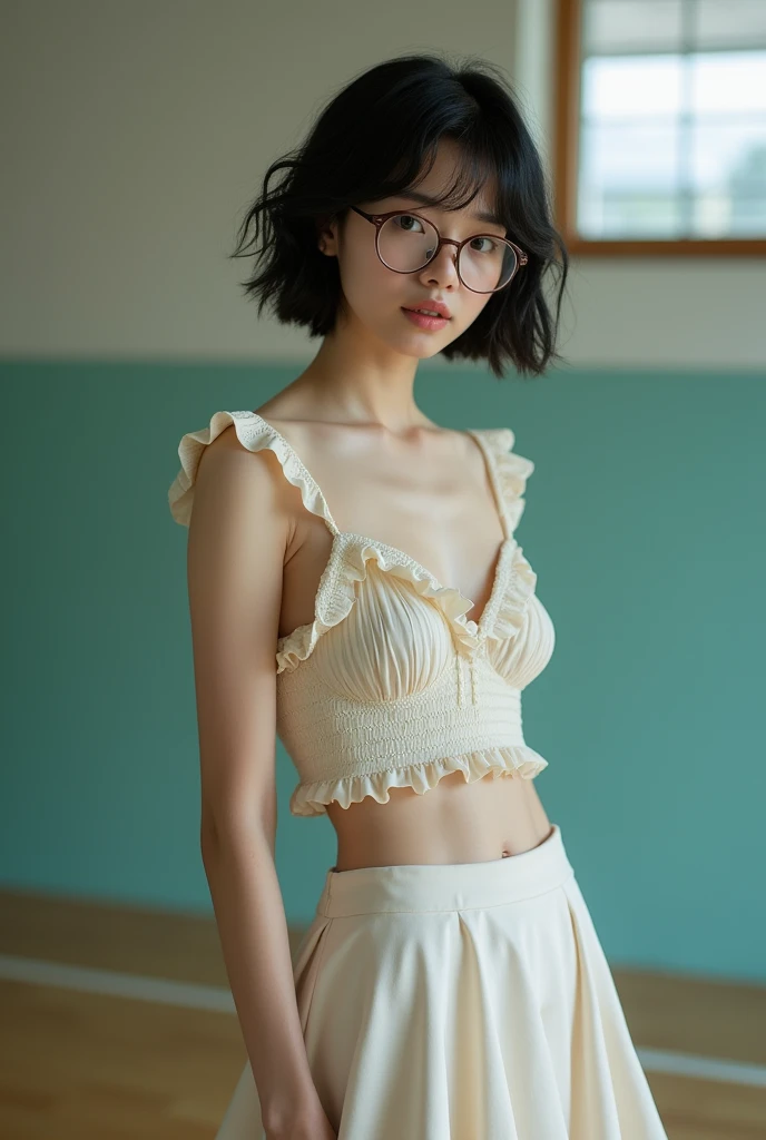 alone, (Very cute 2 beautiful Japanese woman), ((Delicate hair, black)), ((Short hair with messy side waves)), hazy consciousness、(((Slim and slender figure))), Large Breasts, (((A frilly top and a flared skirt)))、Glasses, (((Clean your hands))),(Curly Hair)、Delicate legs,、(( Highest quality: 1.3)), Highly detailed face, Highly detailed lips, Beautiful Eyes, Glasses, Standing with arms down in a busy gym, Completely naked、Full Body Shot