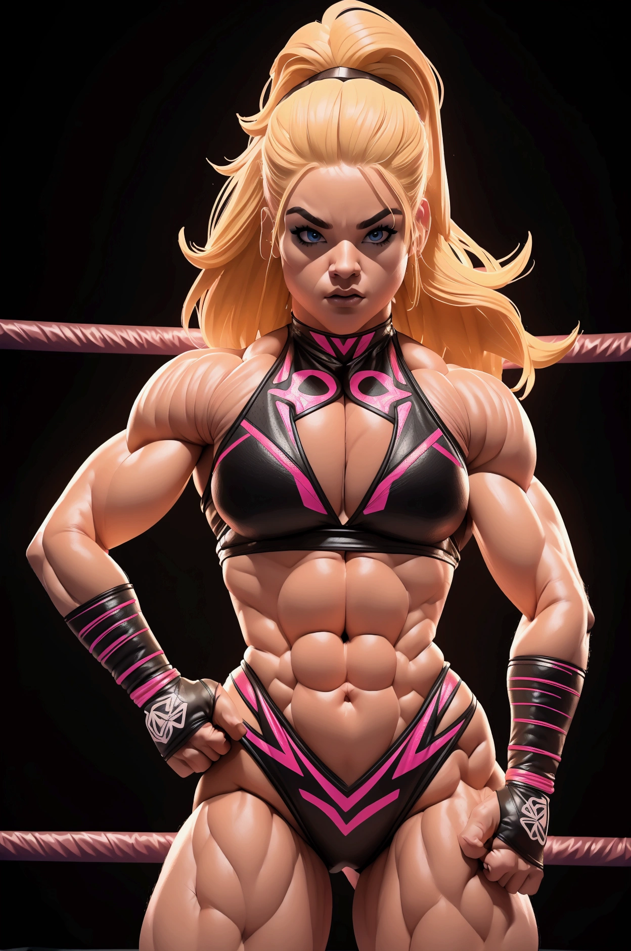 athletic muscular sexy female wrestler, beautiful, detailed face and body, blonde hair, full body, wrestling ring, wwe logo, dramatic lighting, neon glow effects, high contrast, cinematic, dynamic pose, action, (best quality,4k,8k,highres,masterpiece:1.2),ultra-detailed,