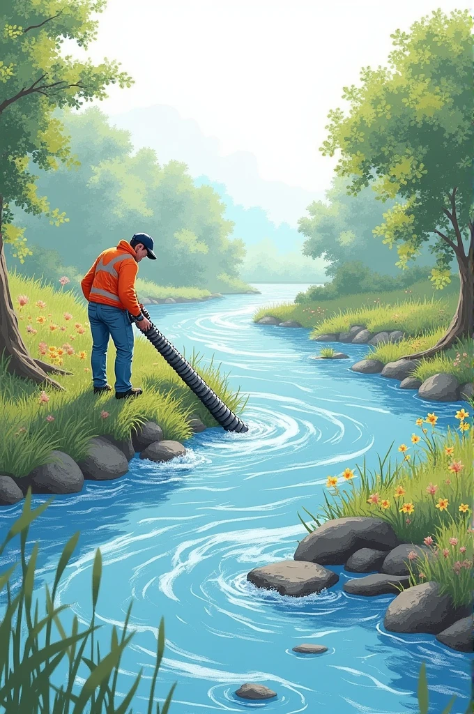 Drawing to take care of water by not polluting rivers and not leaving pipes open