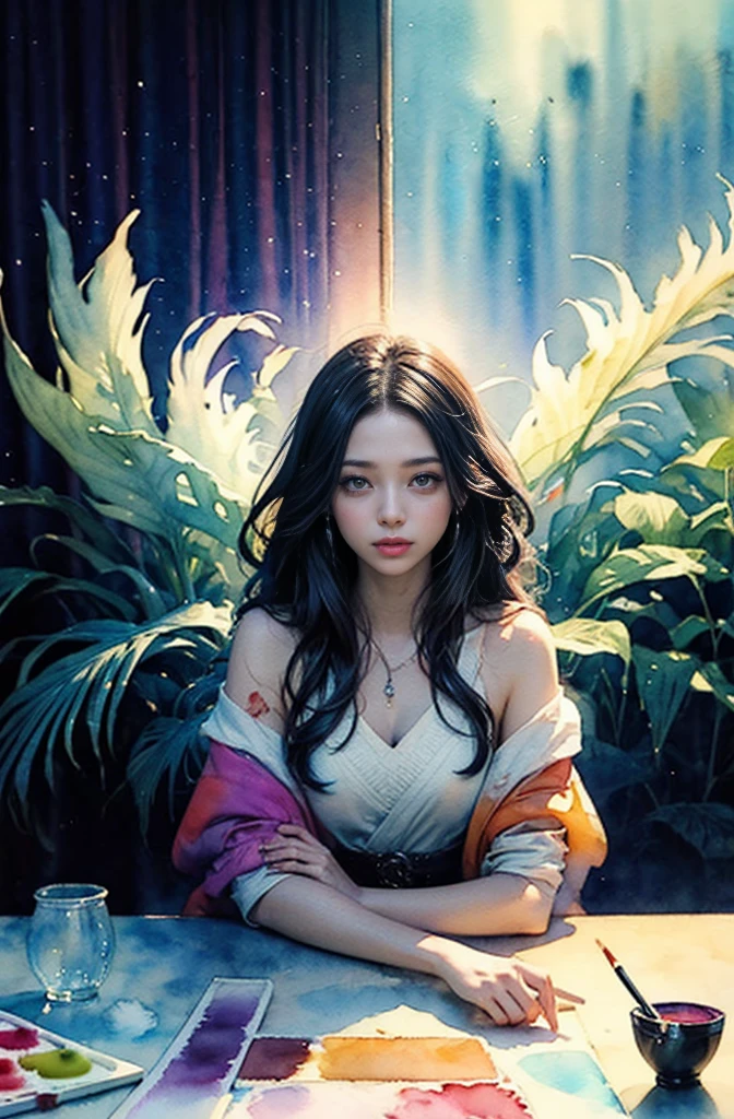 (Tabletop, Highest qualityの, Highest quality, Official Art, (beautifully、aesthetic:1.4), (Watercolor:1.4) ), (Izanami 1.5), 日本のgod話の女god, Majestic beauty, 創造の女god、生命の女god、Typically、((((Typically))))、Reincarnation Support, god'Grace, Gentle and meditative expressions, Flowing, celestial garments, Shine、Created all the landscapes and worlds on Earth, A dazzling dance of light, Whispers of Ancient Legends,Hands below chest level,The hair is a little shorter