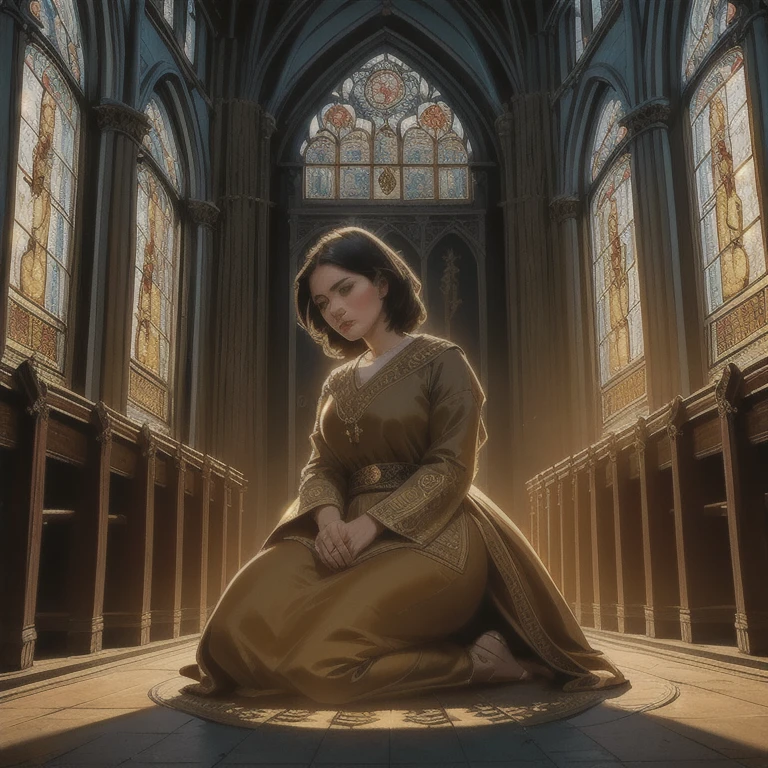 intricate detailed portrait of a woman kneeling in a church praying, deeply spiritual expression, serene and pure, pious christian woman, devotion, cinematic lighting, dramatic shadows, golden hour, volumetric rays of light, high detail, photorealistic, 8k