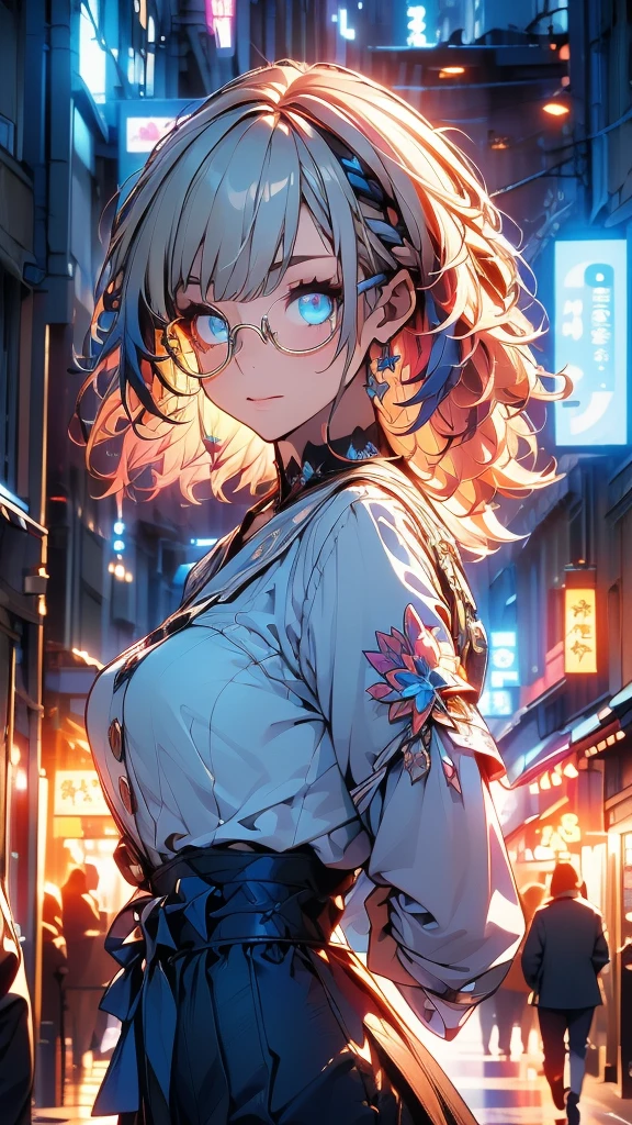 ((Very detailed), town, night, neon, performer, Exterior Light, building, Radioactive, Light), ((Cinematic), neonで描く, Gradation, Vivid lighting), ((Very detailedな, Beautiful Face, 1 girl), One Girl, Very detailed, whole body, cute, Beautiful eyes drawn in detail, short hair, Gray Hair, Blonde, Multicolored Hair, blue eyes, Glasses, Wearing Glasses, Malaise, Beautiful Hands, Fluttering Hair))