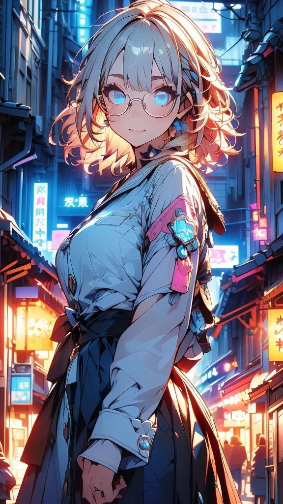 ((Very detailed), town, night, neon, performer, Exterior Light, building, Radioactive, Light), ((Cinematic), neonで描く, Gradation, Vivid lighting), ((Very detailedな, Beautiful Face, 1 girl), One Girl, Very detailed, whole body, cute, Beautiful eyes drawn in detail, short hair, Gray Hair, Blonde, Multicolored Hair, blue eyes, Glasses, Wearing Glasses, Malaise, Beautiful Hands, Fluttering Hair))