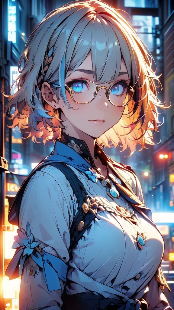 ((Very detailed), town, night, neon, performer, Exterior Light, building, Radioactive, Light), ((Cinematic), neonで描く, Gradation, Vivid lighting), ((Very detailedな, Beautiful Face, 1 girl), One Girl, Very detailed, whole body, cute, Beautiful eyes drawn in detail, short hair, Gray Hair, Blonde, Multicolored Hair, blue eyes, Glasses, Wearing Glasses, Malaise, Beautiful Hands, Fluttering Hair))