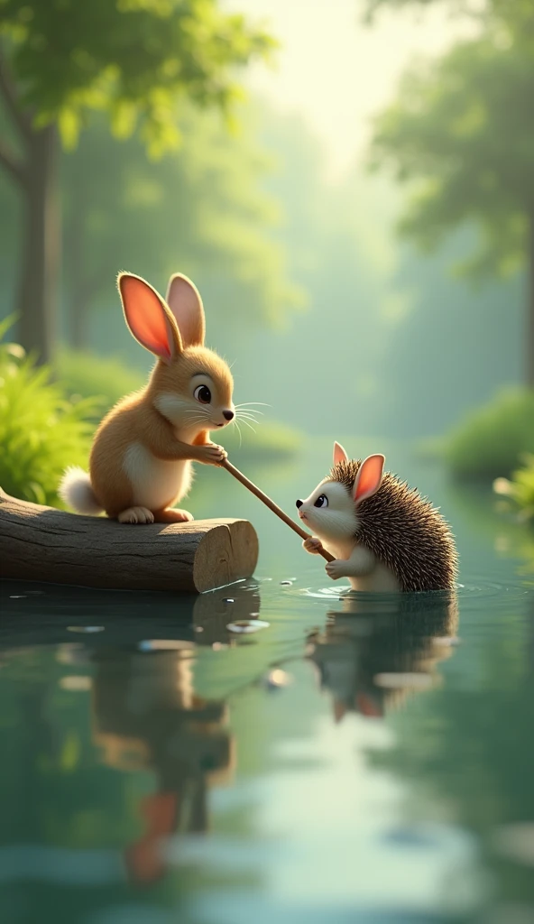 A deep river is flowing. There is a small hedgehog baby inside the river. The hedgehog's face expression looks shocked. There is a log lying on the river. A small rabbit baby is standing on the log. The rabbit is white in colour. The rabbit has small ears. The rabbit's hair is like feathers. The rabbit's face expression is shocked. The rabbit is holding a stick of the hedgehog inside the river in its hands so that the hedgehog can come out.image in 3d animation