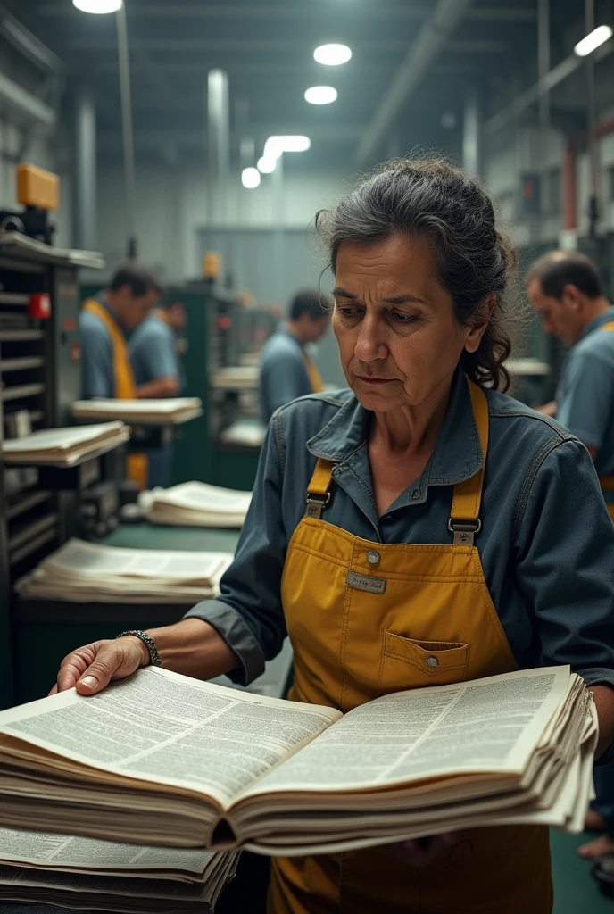 Scene of Maria Nieves senior in a printing press, checking the pages of the newspaper while the workers print. The atmosphere is one of intense work
