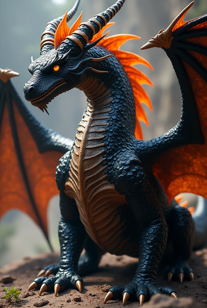 Realistc Dragon, Black and Orange, Full image, two horns,
