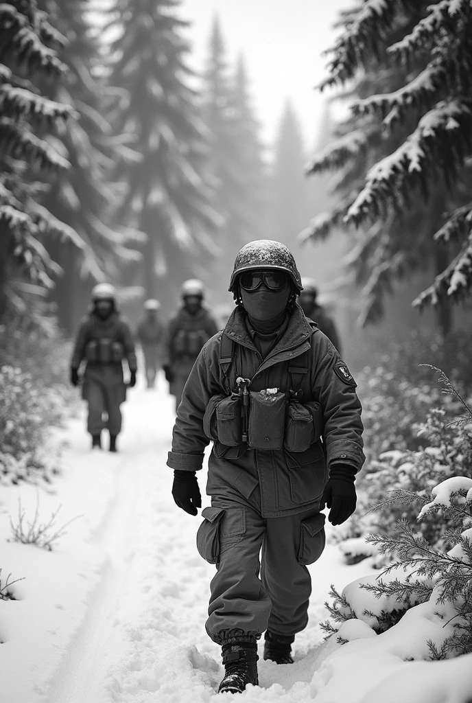 
take a photograph of soldiers behind trees/conifers being mobilized, in snow suits, winter glasses, masked and wearing helmets, bad quality, panoramic view, 1950s, black and white