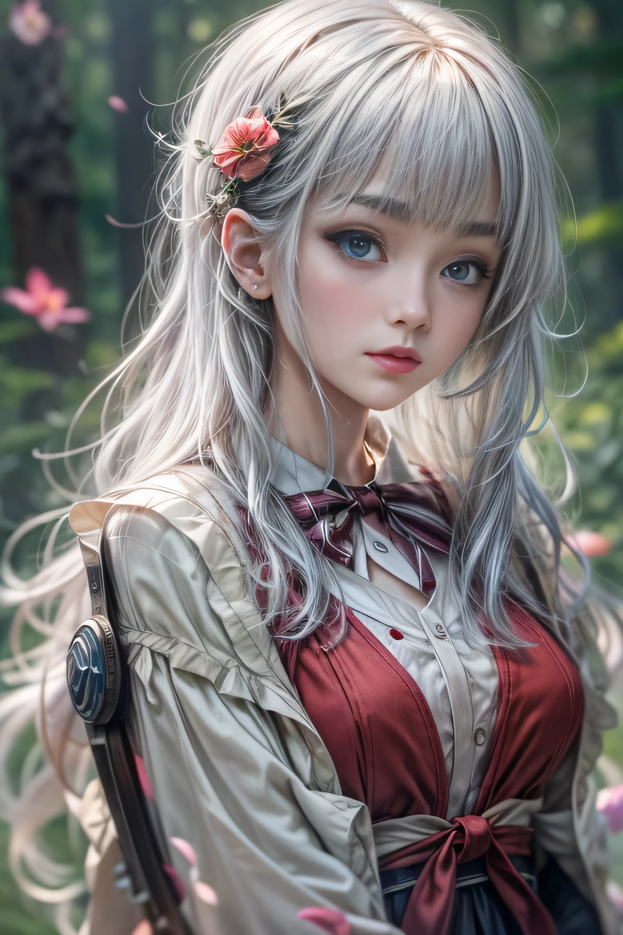 8k.Half Russian and half Japanese、Russian face、beautiful girl、princess、、Small face、Young face、Big eyes、Skinny、Small breasts、(((Silver Hair、Silver Hair)))、With bangs、(((High resolution big beautiful light blue eyes, )))、Shortcuts、Bobcut、((Sailor suit))、(((Red ribbon in hair、Floral decoration)))、Partially braided、Red bow tie、There is a big stone statue in the middle of the forest., Stone Eyes, Virtual Unreal, IMAX footage of the movie, Jang Seung-op, Still Style, Cybertronic Hindu Temple, Face close-up, Playstation 3, Autodesk, Marvel movie stills, Grave
