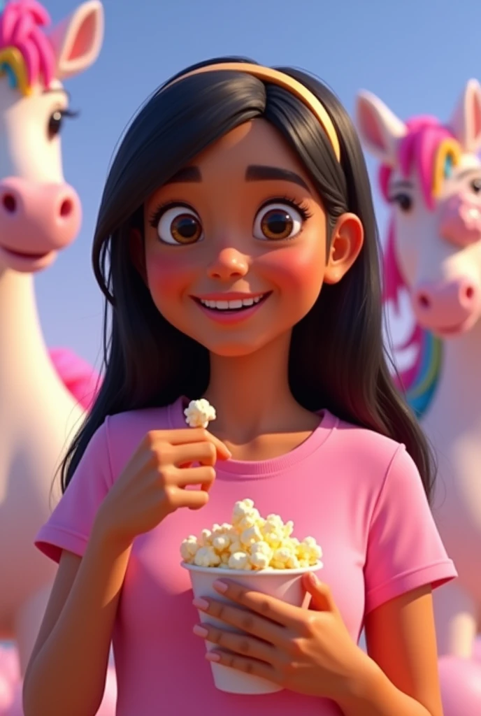 3D Pixar drawing of a smiling brunette woman with light brown skin, straight black hair medium length, with hair band, wearing a pink t-shirt, with popcorn in hand, and unicorn background