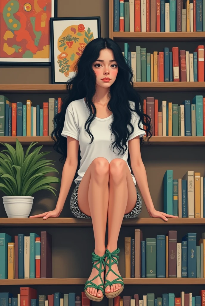 In the center of the image is a woman wearing a white T-shirt.The woman is seated on a bookshelf, her legs in a position on top of the bookshelf.On the lower half of the woman's body she is wearing shorts with a white floral pattern on a black background.On her feet she wears sandals with green ribbons, which wrap around her ankles.The woman's hair is black and wavy, and her expression is calm.Two decorative posters hang in the background, and colorful books are lined up on a bookshelf.Overall, the composition makes the woman's presence stand out in the organized space.