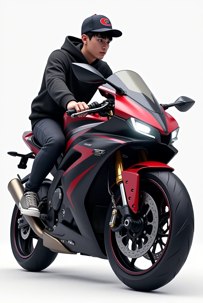 A sports bike with a guy in a black sweatshirt with black hair wearing a cap with an E logo