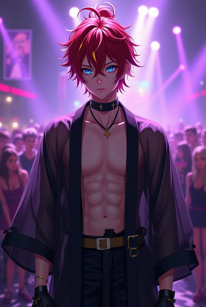 absurd, high resolution, ultra detailed, HDR, masterpiece, best quality, extremely detailed, detailed eyes, Quincy, red hair with yellow side streaks, messy ponytail hair, hair between the eyes, expressive blue eyes, nu Carnival, solo, anime idol, sexy man, manly man, horny, lustful, handsome, fantasy, undressing, black haori, transparent kimono, black choker, feathers, accessories, black gloves, fingerless gloves, elbow gloves, black bow headband, cock full of old perverts, ear microphone, purple light spotlights, mouth piercing, crowded show, fantasy manhwa, dick show,