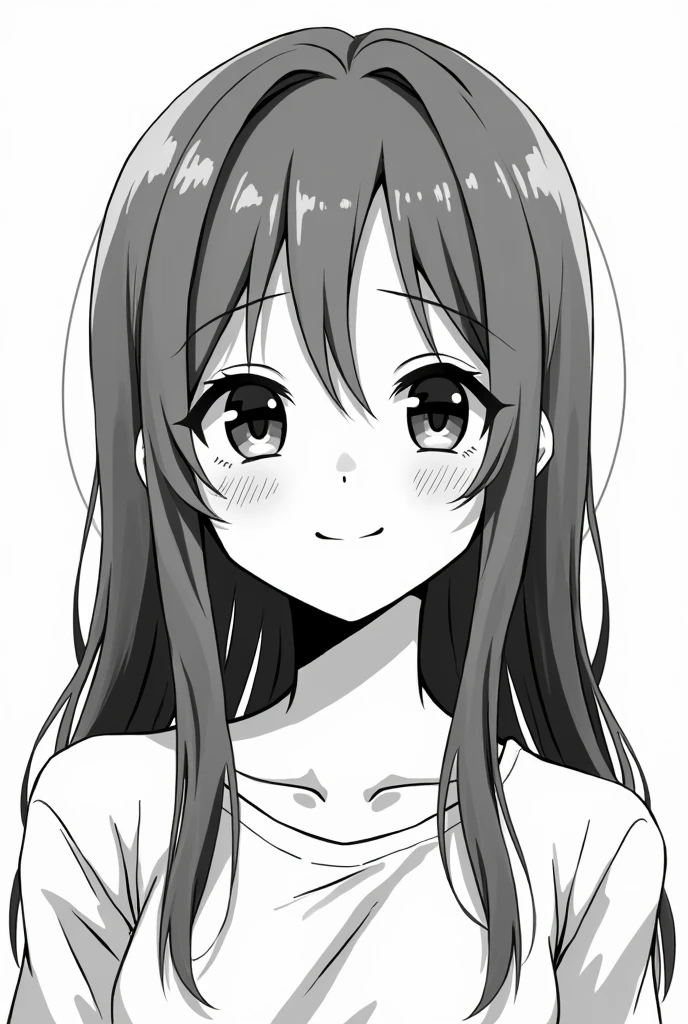 Black and white images like in manga. A young woman with long dark grey hair and sweet smiling eyes.