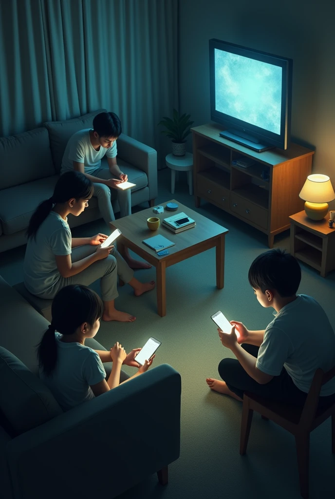 family is gathered in the living room, some watching TV, others with cell phone, there is no communication between them