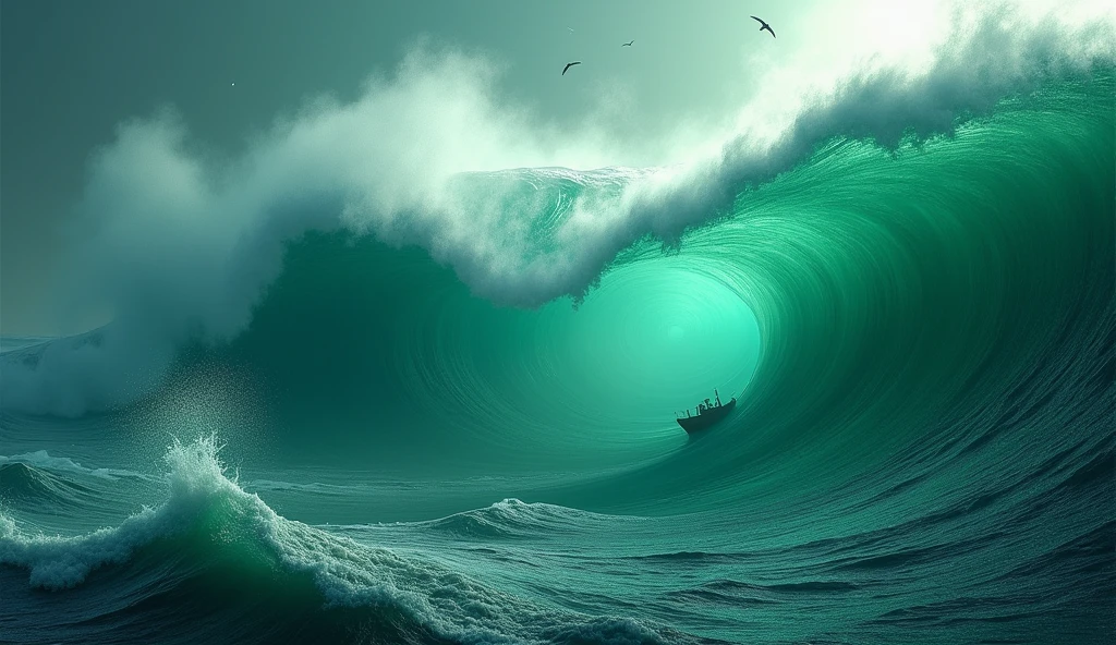 and a green ocean with a big picture
