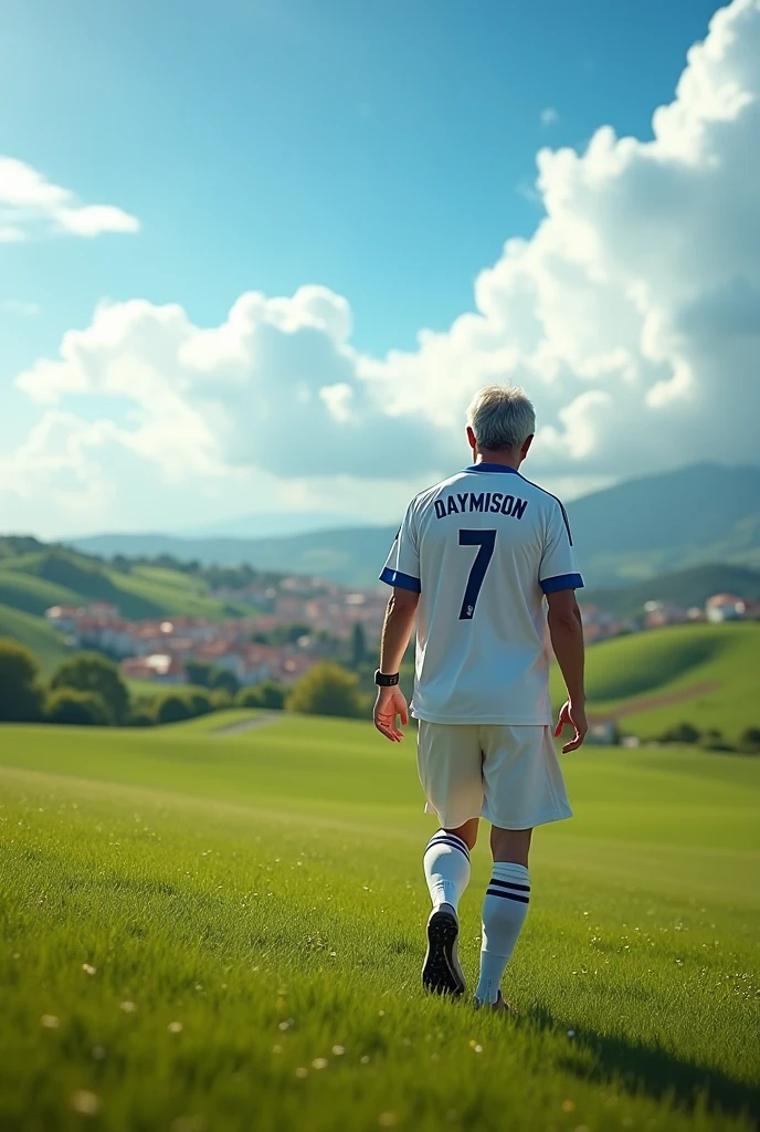 an adult man from the coast with the real Madrid shirt with the name "daymison" number 7, walking across the field