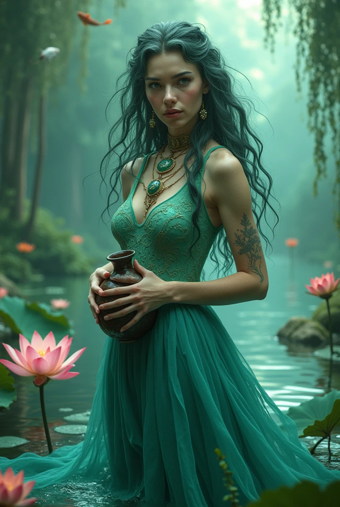 A girl with long straight black hair, dark brown eyes, wearing a modest brown and green tribal dress with some moss green thread patterns, water magic