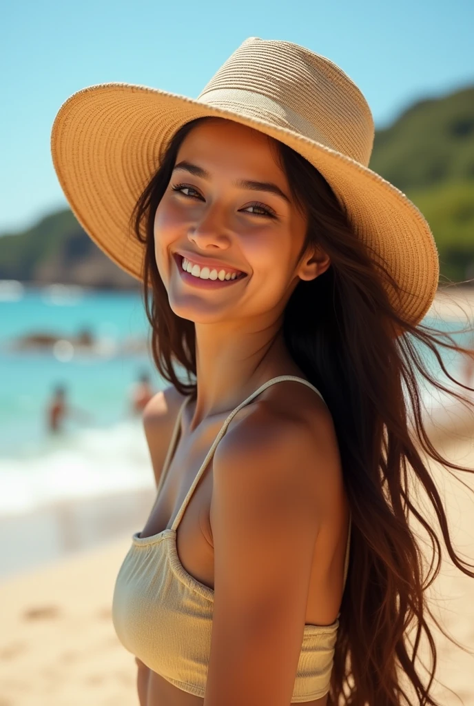 An Asian woman of Indian origin, of heavenly and dazzling beauty, is playing volleyball on a beach court. She wears a stylish hat that complements her look.. Your skin is slightly golden from the sun, and she has captivating honey colored eyes, with long, flowing brown hair. A imagem, em ultra HD, captures every detail accurately, including your charming smile. Image quality is exceptional, highlighting her beauty and enthusiasm as she has fun on the volleyball court.