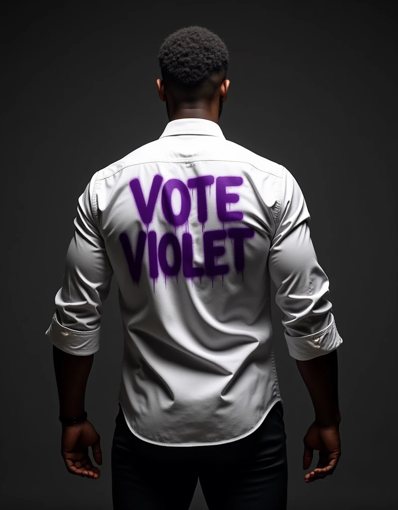 full body, A black man facing backwards wearing a white dress shirt, with "VOTE VIOLET" spray painted on his back, and black dress pants with dark background. Super clear and hdr.