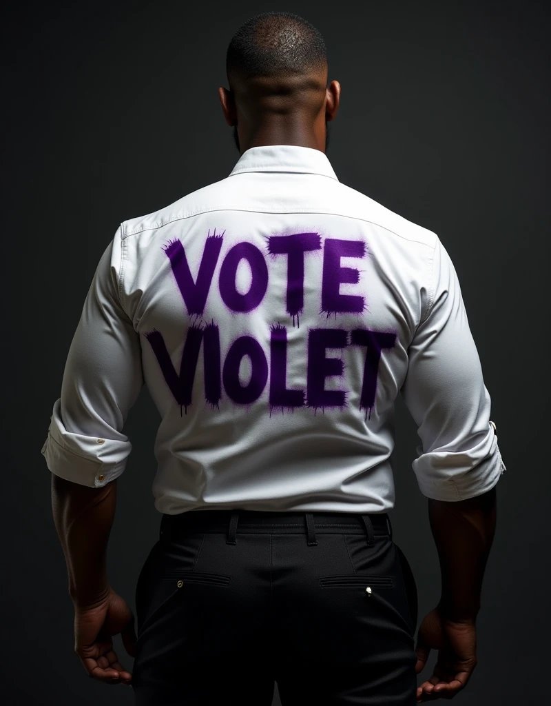 full body, A black man facing backwards wearing a white dress shirt, with "VOTE VIOLET" spray painted on his back, and black dress pants with dark background. Super clear and hdr.
