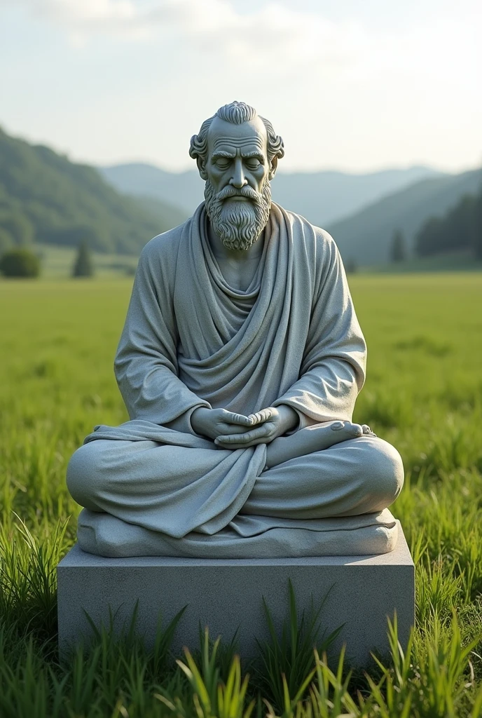 A statue of a stoic Philosopher meditating over a field