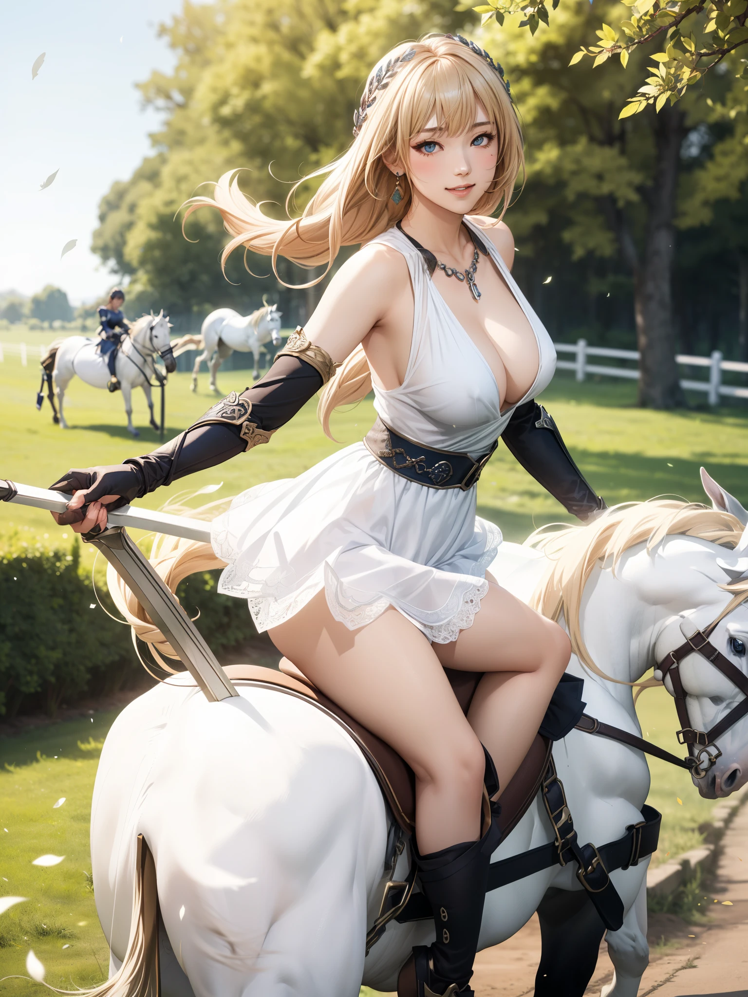 Armpit Show,((Riding a white horse:1.5)),(masterpiece, Very detailed,8k, high quality, Best image quality)、Realistic,Long eyelashes、eyeliner、eyeliner、highlight、Eye light、(Glowing Skin:1.5、Big Breasts:1.3,Cleavage、Thick thighs、Hair blowing in the wind、A chest with a strong presence)、smile、(masterpiece, Very detailed,8k, high quality, Best image quality)、(Sophitia_White Dress_iwife、blonde、Long Hair、Braiding、blue eyes、jewelry、arms、Cleavage、sword、armor、shield、Earrings、片Braiding、White Dress、Nipple concealment,belt、See through、armored dress、hair ornaments、White Dress、arms保持、very Long Hair、lips、Exposing shoulders、bangs、gloves、Hair Ribbon、necklace、skirt、clavicle、wing、Revealing clothing、Bangles、肘gloves、Greek clothing、Braidingポニーテール,Temple)、Blur the background、Goddess of War、In combat、Petals fluttering
