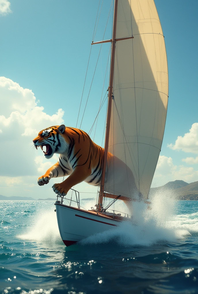 a sea with a sailboat with a fierce tiger jumping out of the sail