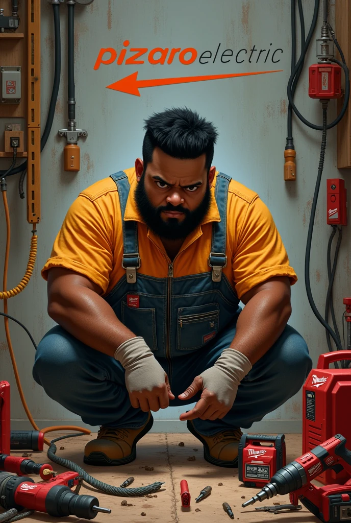 Imagine a young electrician working ,Dark brown with shaved black beard, and short black hair, A little chubby with Milwaukee tools around and the word PizarroElectric in the background