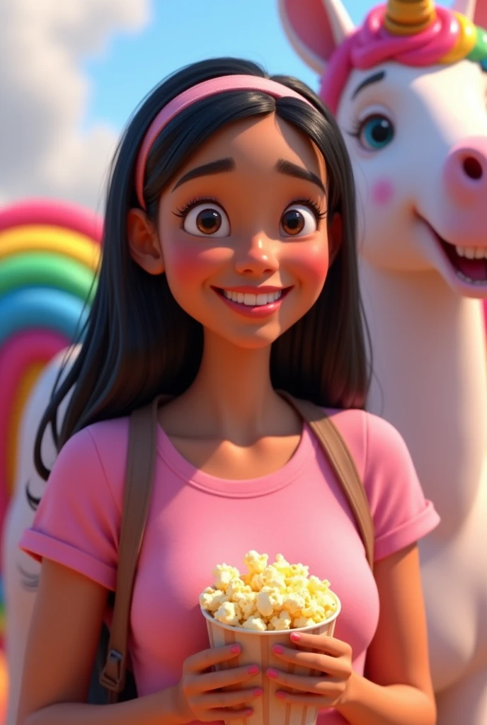 3D Pixar drawing of a smiling brunette woman with light brown skin, straight black hair medium length, with hair band, wearing a pink t-shirt, with popcorn in hand, and unicorn background