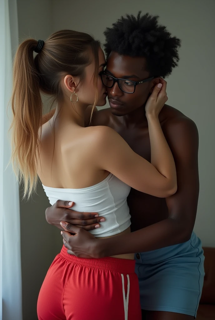 Create a photo of a 30 year old young woman, with long light brown hair tied in a ponytail with a lock of hair over her face, slender and beautiful body, completely naked, with white and clear skin, is facing the camera and being hugged and lifted by the waist by a black teenager, dark-skinned, obese, did, lowrise, with short hair who is wearing a blue dress and glasses