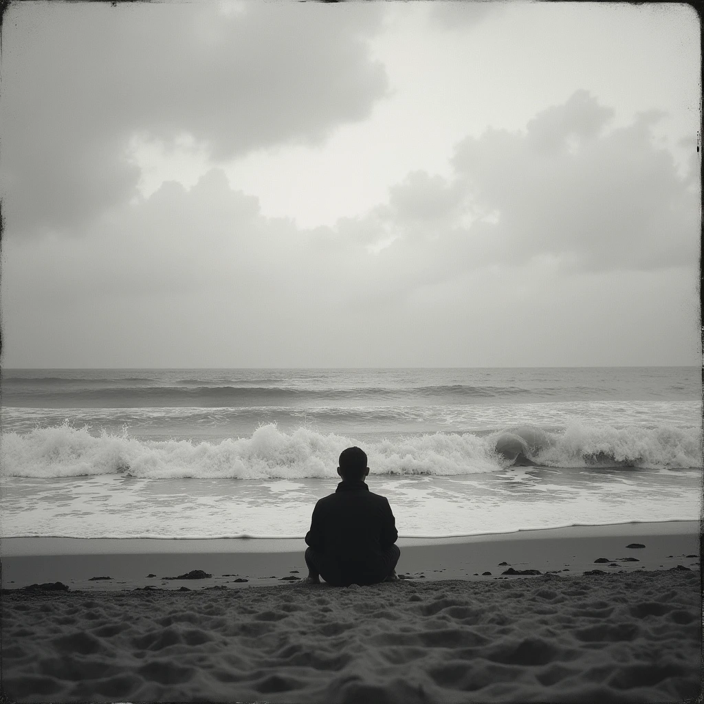 distant man in the distance sitting on the sand admiring the immensity of the ocean, surf , arena, costa, clouds, cloudy, winds, loneliness, melancholia, sadness, Photography, Realism, analogic camera effect, masterpiece, perfect composition, black and white