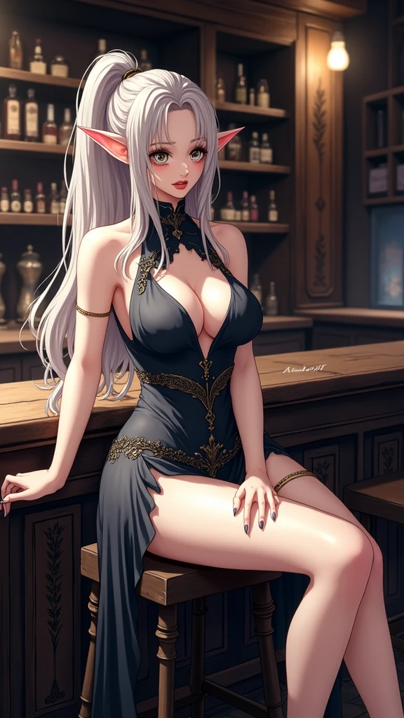 (masterpiece, best quality), Elegant female elf,Big eyes and long ears,Immersed in a medieval fantasy world:1.0、 (Sit in the bar and show off:1.3), High forehead, Long hair without bangs tied into a ponytail:1.0, harem, night, Detailed aspects, seduce 、Large Breasts、Big Ass、Wide waist、(Expose breasts1.0),((Looking at the camera with sadness and innocence:1.8))((cry :1.6)))
full-body shot:1.7
(Wearing sexy fantasy world attire,Clothing exposes breasts and legs:1.5)
(Wearing a magical witch costume)
(The clothes are very sexy,Showing off a sexy waist:1.4)
white hair:0.5
(((Open mouth and scream in pain:1.3)))((Frowning and wanting to moan:1.2)) (almost close eyes:1.5)
sit on the chair,Open your legs:1.6 Show armpits:1.1 slightly open mouth:1.7 beautiful legs:1.2. Brows lowered:1.2