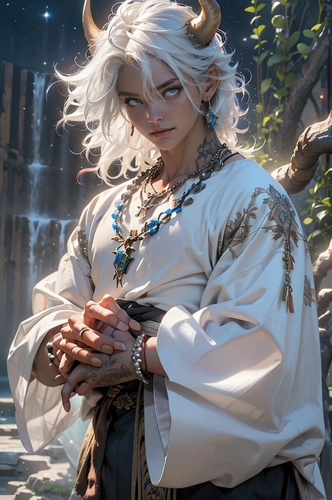 1male, mature, tan skin, finely detailed glowing blue eyes, ((detailed hands)), nice hands, medium messy hair, white hair color, prayer bead necklace, prayer bead bracelet, standing with hands in pocket, standing on mountain trail, waterfall, night, somber expression, ((detailed eyes)), ((horns)), red tattoos on chest