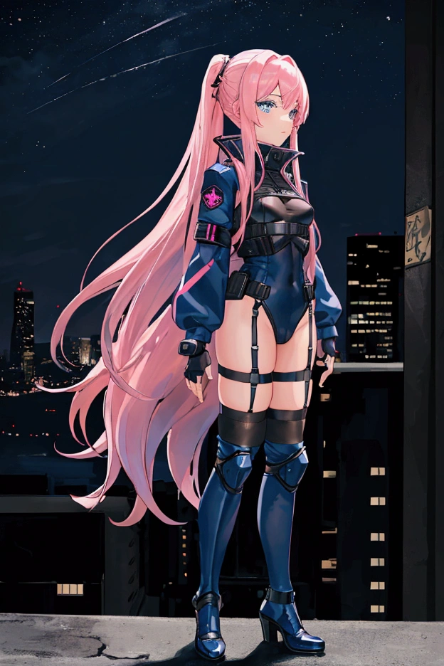 masterpiece, best quality, ultra detailed, 1girl, long pink hair, blue eyes, tactical jacket, tactical clothes, leotard with blue trim, detached sleeves, fingerless gloves, garter straps, knee socks, night sky, rooftop, cityscape, back shot, sexy ass