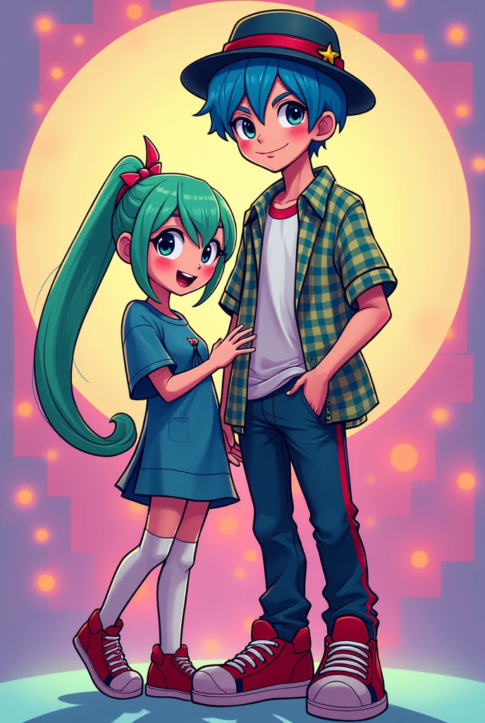 boyfriend_fnf, shirt, 1boy, hat, holding, blue hair, full body, male focus, shoes, pants, red footwear, sneakers, black eyes,
Melony, green hair, watermelon hairclip,