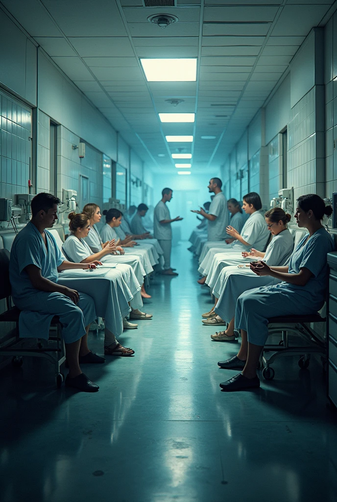 a clean, bright hospital contrasted with a dark, dirty environment filled with sick people
