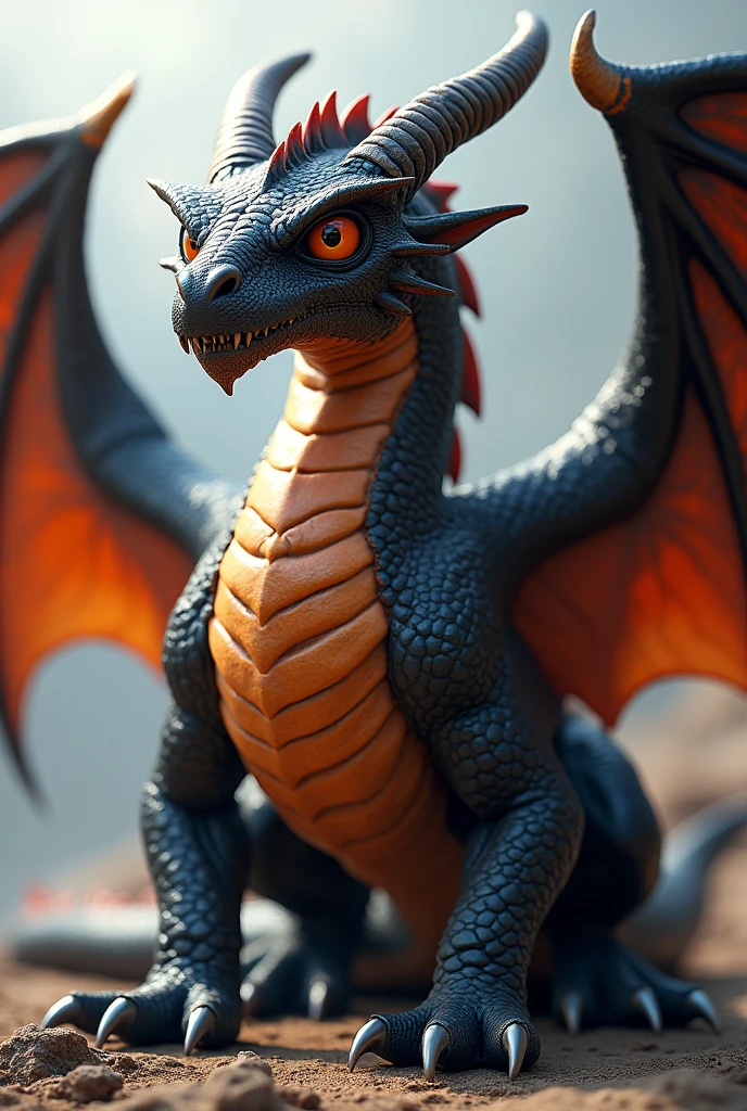 Realistc Dragon, Black and Orange, Full image, two horns, big