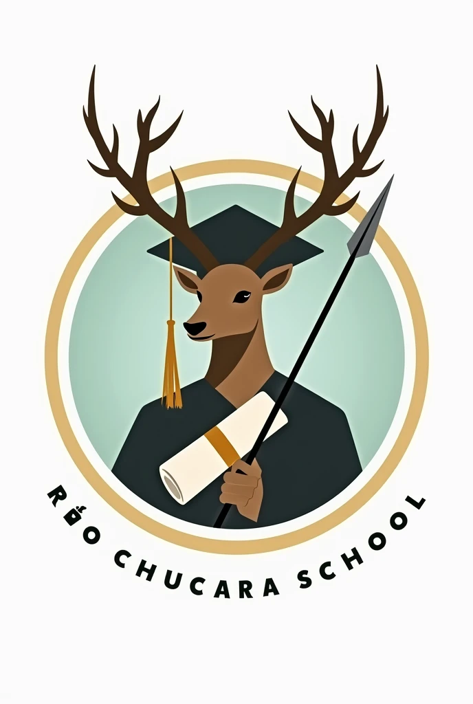 Make me a school promotion logo that carries ,a graduation hat, a diploma and a human with a deer head holding a spear that the logo is circular and bears the name Río Chucara School 