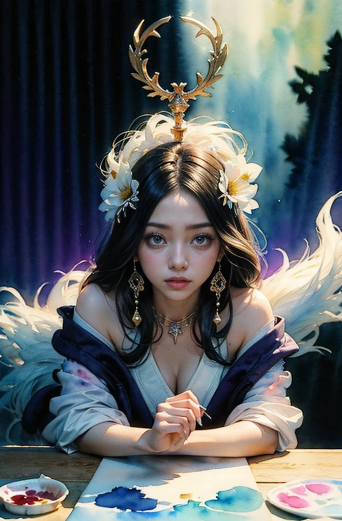 (Tabletop, Highest qualityの, Highest quality, Official Art, (beautifully、aesthetic:1.4), (Watercolor:1.4) ), (Izanami 1.5), 日本のgod話の女god, Majestic beauty, 創造の女god、生命の女god、Typically、((((Typically))))、Reincarnation Support, god'Grace, Gentle and meditative expressions, Flowing, celestial garments, Shine、Created all the landscapes and worlds on Earth, A dazzling dance of light, Whispers of Ancient Legends,