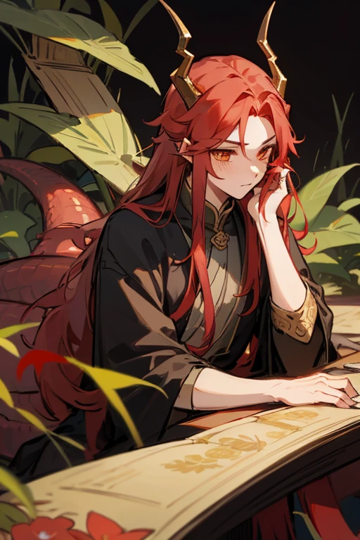 1 boy, LONG RED hair, gold eyes, dragon horns and tail. Background and illustration with lots of vegetation and beautiful flowers. shy boy 