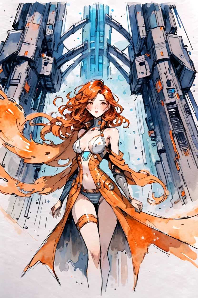 ink and wash, rough ink sketch, full color, watercolor, paper texture, indescribable scifi megastructure at the end of reality, 1girl, woman, summoner, bombshell hair, copper hair with orange highlights, Wavy Lob, average figure, korean