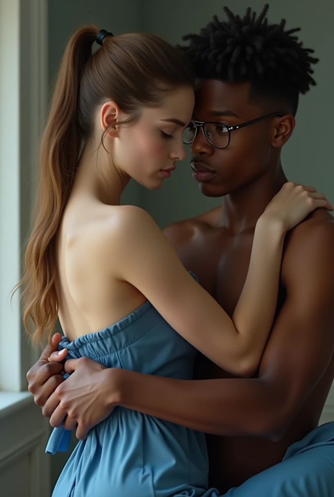 Create an image of an adult woman with white skin, blondie hair, who's naked, being carried in the arms of a dark-skinned teenager, short curly hair, slim, short and wearing glasses, who is squeezing the naked woman&#39;s breasts