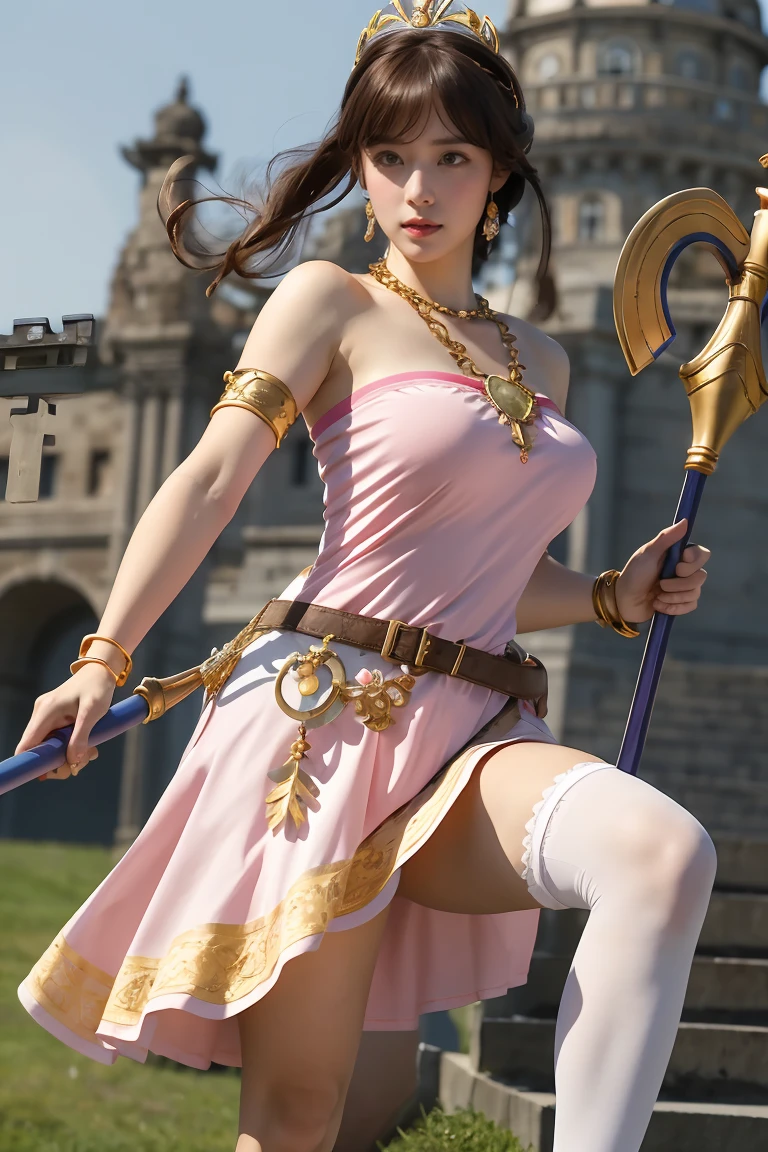 masterpiece, Highest quality, High resolution, hmpa1, pink, Parted bangs, Battle Tiara, Large Breasts, Golden Necklace, Exposing shoulders, Strapless Dress, Arm guard, belt, Blue Dress, White knee socks, Single knee socks, Outdoor, holding staff, staff, Hold a shield,Action pose