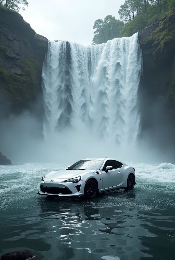 A white car in waterfall