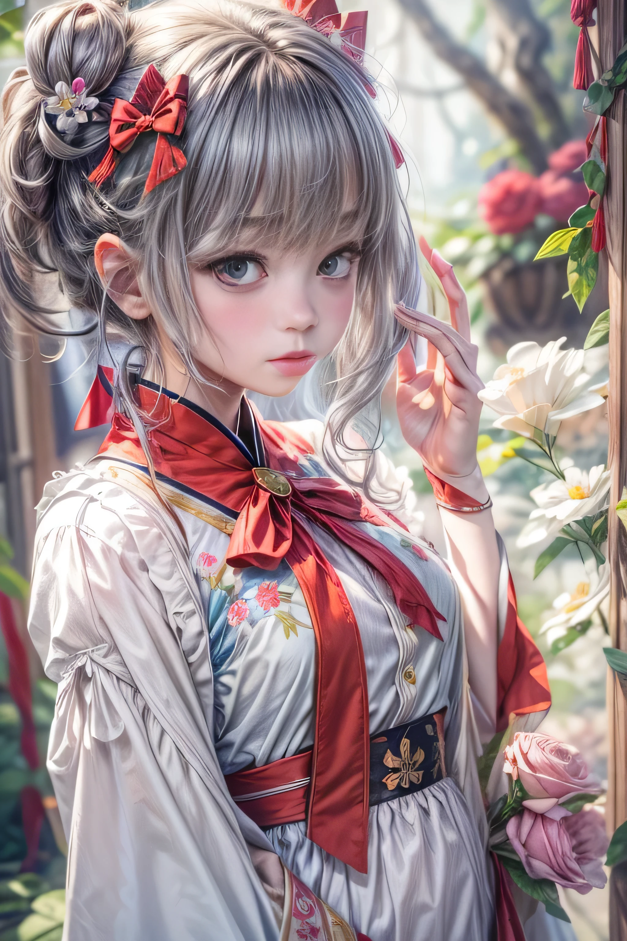 8k.Half Russian and half Japanese、Russian face、beautiful girl、PRİNCESS、、Small face、Young face、Big eyes、Skinny、Small breasts、(((Silver Hair、Silver Hair)))、With bangs、(((High resolutionの大きな美しいライトブルーの目, )))、Shortcuts、Bobcut、((Sailor suit))、(((Red ribbon in hair、Floral decoration)))、Partially braided、Red bow tie、One girl.alone,Hanfu,chinese garment,(Back side:1.2),photograph, masterpiece, photograph realism,Highest quality, 超High resolution, RAWphotograph, Photograph, Professional, Amazing details, colorful, Surrealism, masterpiece, Highest quality, High resolution, Viewpoint, Highest quality, Sharp focus, Digital Art Rendering, 8k,