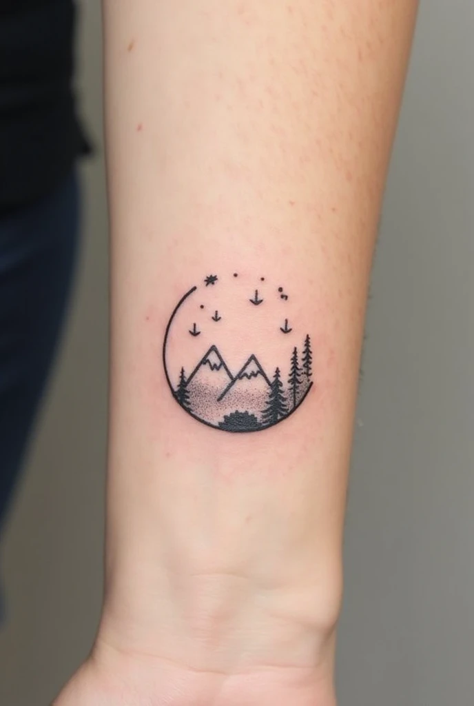 Tattoo Design Request:**

- **Theme:** I want a tattoo design that reflects my love for traveling, hiking, nature, and my connection to my zodiac sign (Cancer) and my boyfriend's zodiac sign (Capricorn).

- **Style:** The design should be minimalistic, created with fine lines. It should be tiny, delicate, and only in black and white.

- **Elements:**
  - **Zodiac Signs:** Incorporate subtle representations of the Cancer and Capricorn zodiac signs. These can be simple line drawings or.and they should be like in very fine lines not drawn  
  - **Travel:** Add a small travel-related element like a tiny a simple mountain range, or a small airplane outline.
  - **Nature:** Include a nature element such as a small tree, a leaf, or a simple mountain range. The nature elements should evoke a sense of peace and relaxation.

- **Overall Concept:** The design should feel serene and balanced, symbolizing both my love for peaceful, relaxing trips in nature and my strong connections to my boyfriend.

- **Placement:** It’s meant to be a small tattoo, so it should fit comfortably on a wrist, ankle, or behind the ear.


